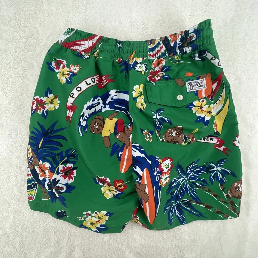 Polo Ralph Lauren Bear Swim Trunks Shorts Hawaiian Green S Maximalist EUC